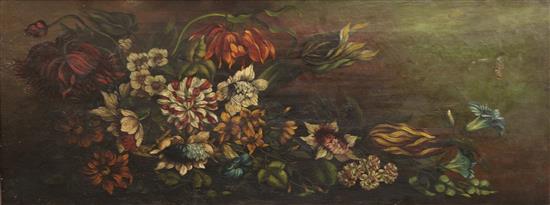 Early 19th century English School Still lifes of flowers, 14 x 36in., laurel carved pine frame